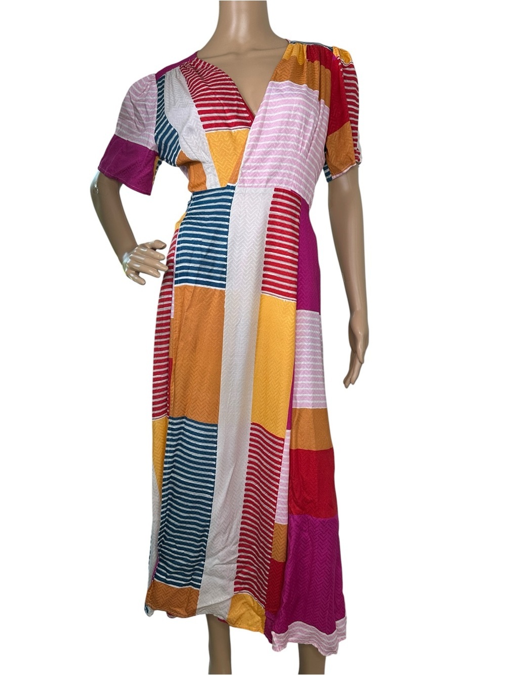 The Odells Colorblock Midi Wrap Dress in Pink, Mustard & Teal Small